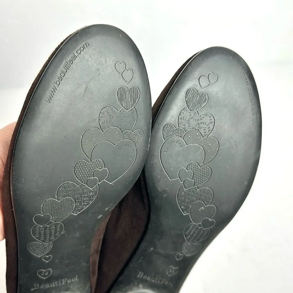 BeautiFeel Chocolate Brown Suede Flats Shoes  Mustard Rosettes size 38 US 7-7,5